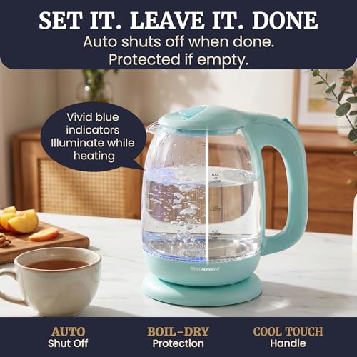 Image of Elite Gourmet EKT1792M 1.7L Glass Electric Kettle, Blue LED, 7.2 Cups, Auto Shut-Off, Boil-Dry Protection, 360 Cordless Base, Rapid Boil, Hot Water for Tea Coffee Oatmeal