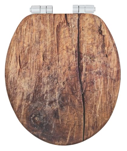 WENKO WC-Sitz Rustic, Toilettensitz aus FSC-zertifiziertem MDF mit Easy-Close Absenkautomatik und Fix-Clip Hygienebefestigung, 35,5 x 42,5 cm, foliert und feuchtigkeitsresistent, Holz-Optik in Braun