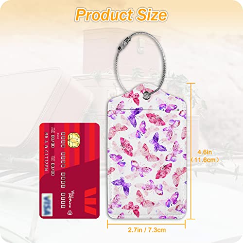 Image of Set of 2 Luggage Tags for Suitcases Women Butterfly Leather Suitcases Tag with Stainless Steel Loop Privacy Cover ID Label Pink Travel Bag Tags Luggage Identifiers for Women Men Travel