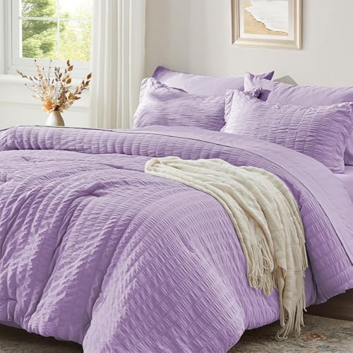 Image of Zzlpp Full Comforter Set 7 Pieces, Light Purple Seersucker Bed in a Bag with Comforter, Pillow Shams, Pillowcases, Flat Sheet, Fitted Sheet