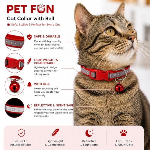 Image of Adjustable Stylish Dog & Cat Collar | 10mm Durable Comfortable Pet Collar with Bell | Ideal for Small & Medium Pets Cotton Candy (Bone Printed Radium Collar) (Red, Pack of 2)