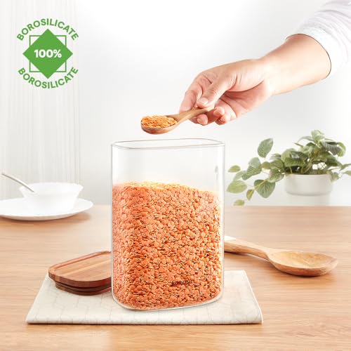Image of Borosil 1.3L Storage Jar Set with Bamboo Lid | Made in India Borosilicate Glass Dishwasher Safe Container for Kitchen | Multipurpose Kitchen Organizer for Cookie & Dals