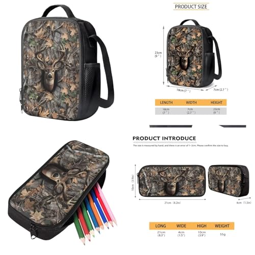 Suobstales Deer Hunting Camo Print Kids Backpack Set of 5, 17 in School Bookbag with Insulated Lunch Box Pencil Case Water Bottle Sleeve Keychain Lightweight Student Bookbag for and Boys4