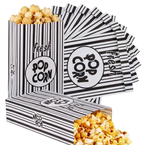 Image of Thenshop 200 Pcs Paper Popcorn Bags Flat Bottom 2 oz Disposable Film Individual Servings Oil Resistant Leak Proof Container Vintage Retro Black and White Popcorn Sleeves Bags