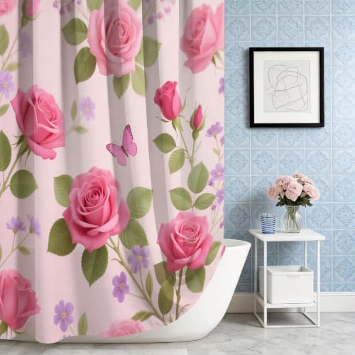 Rideau de douche imprimé 3D rose papillon tissu polyester 200x200 - 5