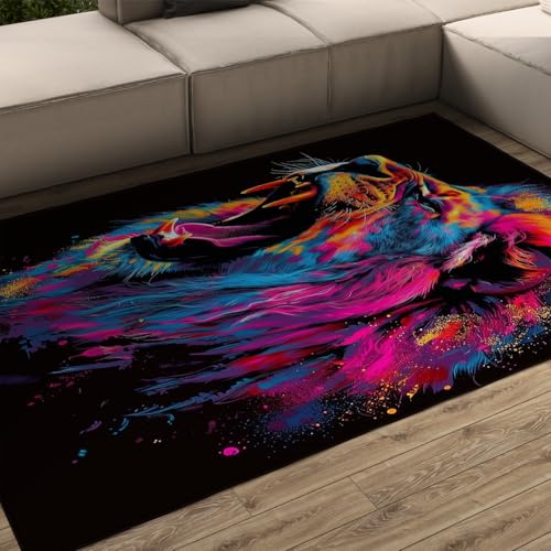 Tapis de salon abstrait lion noir 60x90cm design graffiti chic