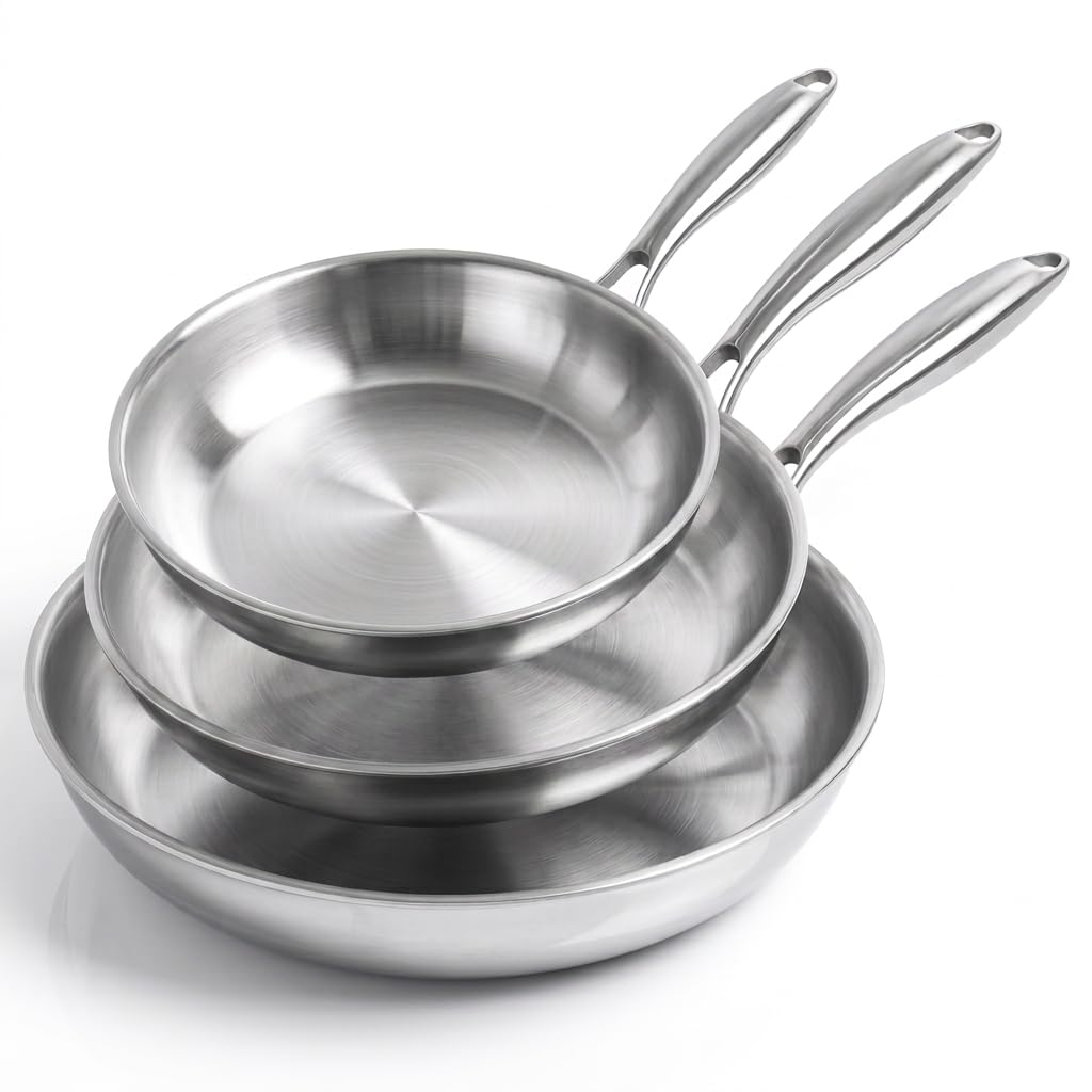 KIANGKIANG Stainless Steel Frying Pan Metal Handle, Uniform Heat Conduction, Universal Kitchen Cookware,20+24+28CM — image 1