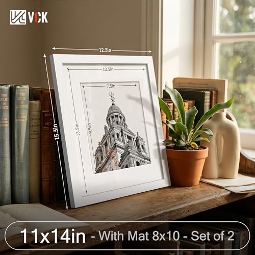 Image of VCK 11x14 Picture Frame 2 Pack, White Wood, 8x10 Mat, Glass, for Photo
