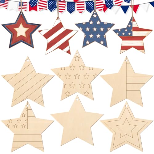 COCHIE 4th of July Stars Wood Crafts to Paint Set of 24, Memorial Day Unfinished Wooden Craft for Painting, DIY Paintable Veterans Labor Day Cutouts Slices for Craft with Ropes (Star)