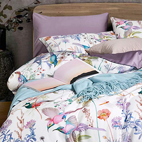 VM VOUGEMARKET Purple Floral Birds Duvet Cover Set,Botanical Flower Plants Pattern Bedding Set in Lilac with Zipper Closure No Comforter(3pcs, Queen Size)