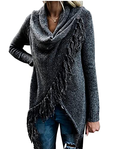 Image of Women's Open Front Knited Tassels Slash Loose Cardigan Crew Neck Speckled Fringe Sweater Outwear