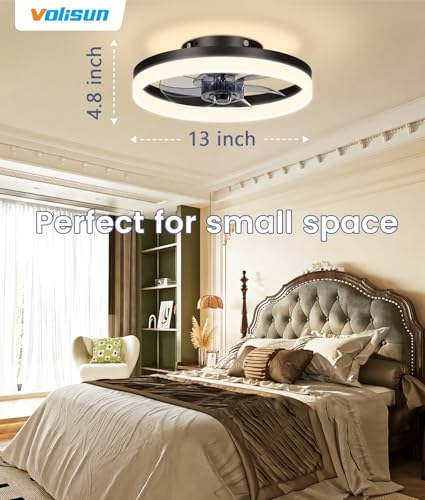 Image of VOLISUN 13 inch Small Ceiling Fans with Lights and Remote, Low Profile Ceiling Fans with Light, 3000K-6500K Dimmable LED Ceiling Light Flush Mount, Bladeless Fandelier Ceiling Fan (Black)
