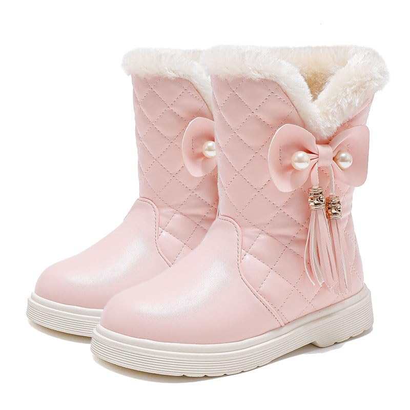 Girls' Winter Boots Thick Warm Snow Boots for Kids, Princess Style Mid-Calf Boots with Bowknot and Tassel, Faux Leather, Fabric Lining, Rubber Sole, Round Toe, Slip-On Closure