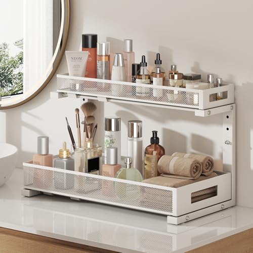 Image of 2 Pack 19IN Depth Under Sink Storage Organizer, Large 2-Tier Elegant Mesh Pull Out Shelf for Kitchen and Bathroom Cabinet Organization, L-Shaped and Adjustable Height Design-White