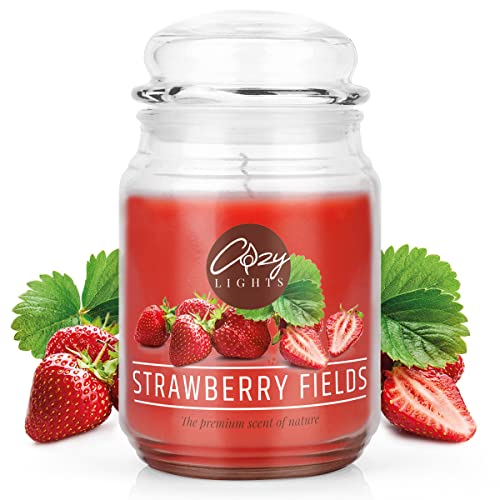 Cozy Lights Große Duftkerze Strawberry Fields 625ml - bis 140 Stunden Brenndauer I Duftkerzen im Glas groß mit Deckel, Kerze Erdbeeren Cover