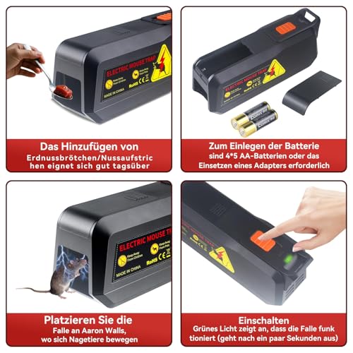 Rattenfalle Elektrisch,Mausefalle für Drinnen,Rattenfallen Schlagfallen Eine Hochspannung von 1800 V tötet Mäuse sofort,Elektrische Mausefalle,Mäusefalle Elektrisch,Wirksam für Kleine Mäuse