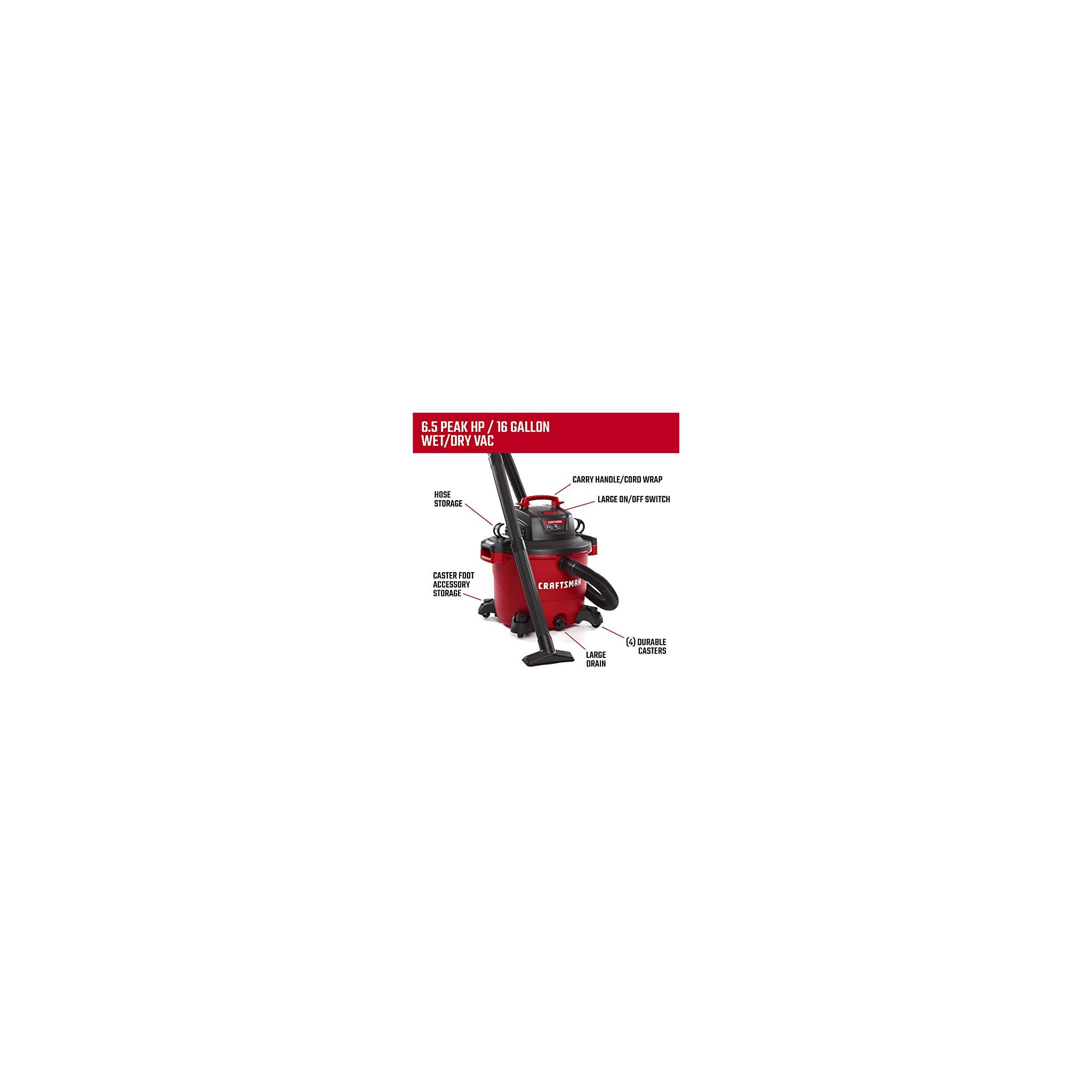 CRAFTSMAN CMXEVBE17595 16 Gallon 6.5 Peak HP Wet/Dry Vac, HeavyDuty