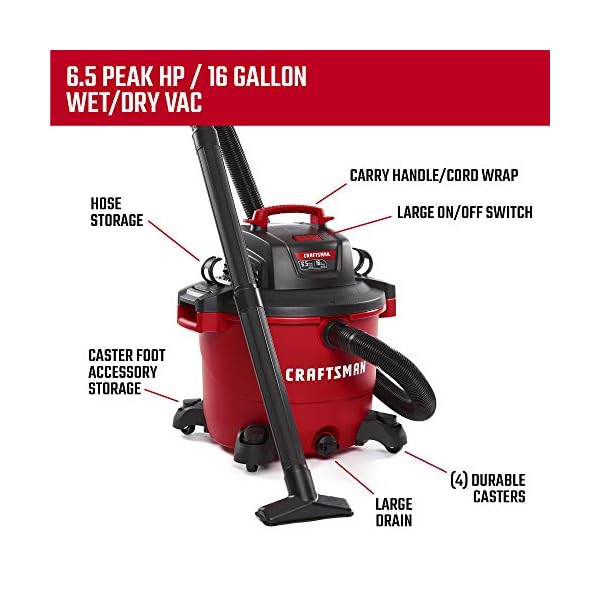 Craftsman CMXEVBE17595 16 Gallon 6.5 Peak HP Wet/Dry Vac, Heavy-Duty Shop Vacuum with Attachments and Additional General Purpose Filter - Image 4