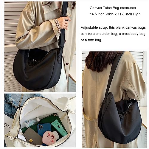 Image of Cotton Tote Handbag Women Canvas Crossbody Beach Bag Hobo Shoulder Tote Bag with 3 External Pocket,Zipper Closure