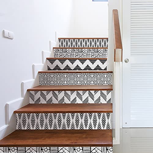 funlife 14pcs Hand Drawn Peel and Stick Pendleton Line Art Stair Riser Decals, Decorative Geometric Vinyl Stair Riser Stickers for Kitchen Living Room Home Decor, Black and White 39.37'X7.09'