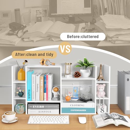 Image of YIGANG Desk Shelf Organizer, 3-Tier Desktop Bookshelf for Computer Desk, Small Tabletop Hutch Storage Rack, Wood Office Supplies Organizer for Dorm, Home & Student (29 Inch Wide)，White