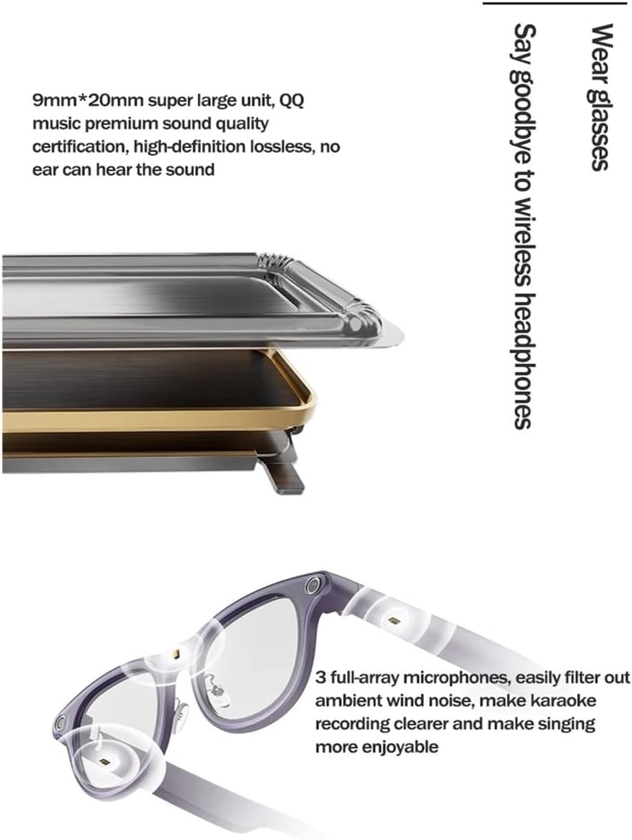 Compatible for RayNeo V3 Slim AI Photography Smart Glasses Wireless BCompatible for uetooth Audio Glasses Wireless Headphones Voice(Black with Frame)