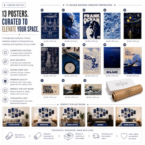 Image of 12 Piece Blue Aesthetic Poster Set | 300 GSM Multi-Sized Wall Posters with Adhesive Tape | Music, Ocean, Space & Vintage Art Prints for Bedroom, Room Decor, Home Decor, Living Room & Wall Art