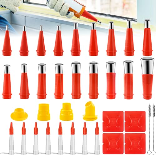 Hengxinchen 42 Stück Glättaufsatz Silikon, Gummidüse Werkzeug Kit mit 10 Stück silikonspritze, Edelstahldüsen Dichtungsdüse, Verschiedene Größen Kartuschenspitzen für In Küchen, Fenstern