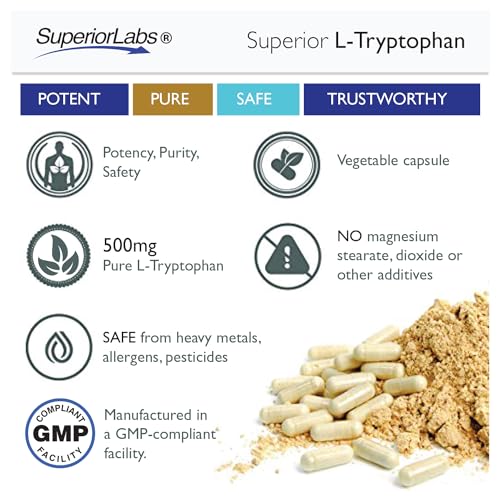 image for Superior Labs – Pure L-Tryptophan – 500mg, 120 Vegetable Capsules 