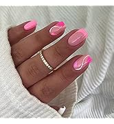 Short French Press on Nails With Design,KXAMELIE Hot Pink Square Shape Colorful Swirls French Tip...