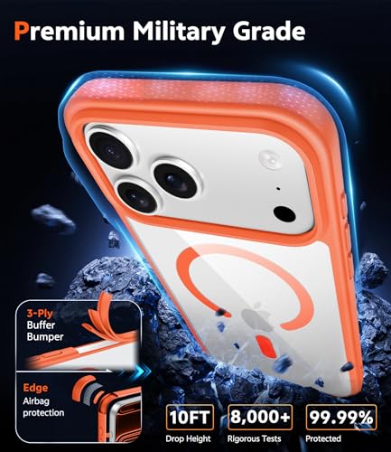 Image of FNTCASE for iPhone 17 Pro Case: Clear Magnetic Phone Cases with Screen Protector Compatible with Magsafe Slim Anti Yellowing Rugged Shockproof Protective Transparent Cell Phone Cover (B-Orange)