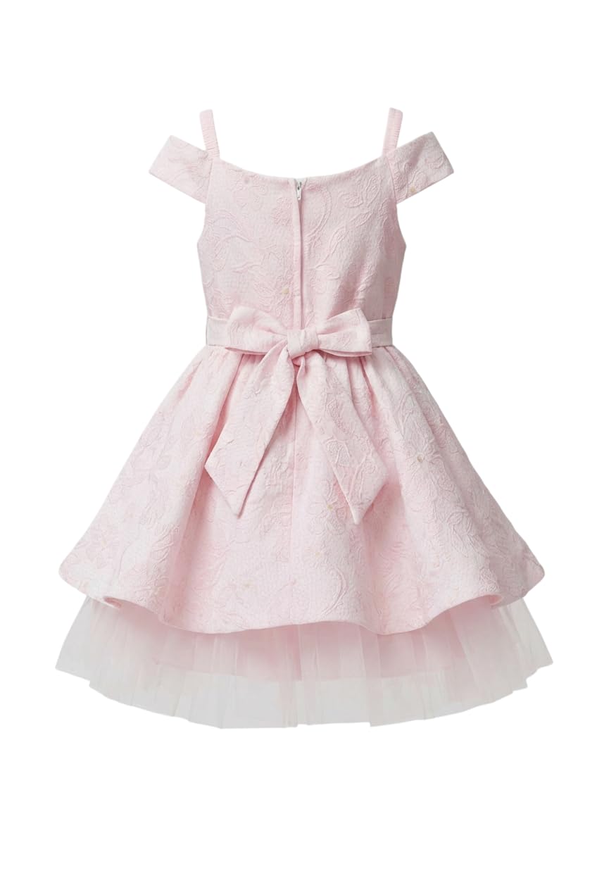 SIRRI Abito da Festa Rosa Jacquard per Bambina con Fiocco, Maniche a Spalle Scoperte e Gonna in Tulle, età 2-9 Anni