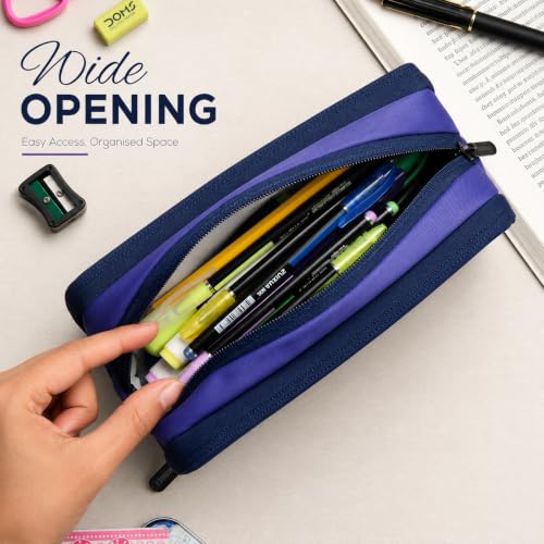 Image of Wooum Large Pencil Case with 3 Compartments, Big Capacity Pencil Pouch for School Boys Girls College Students & Teachers Aesthetic Practical Stationery Pouch for Pens Pencils (Jet Blue (Universe))