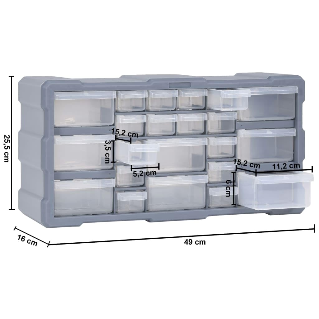 Organizador de varios cajones con 22 cajones de polipropileno, 49 x 16 x 25,5 cm, color gris, para reparación de garaje, cajones transparentes para tornillos, tuercas, tacos