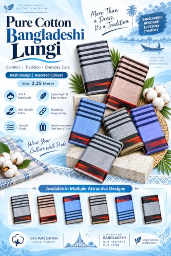 Generic Pure Cotton Bangladeshi Lungi, Striped, Purple, 2.25m, Pack - Image 5