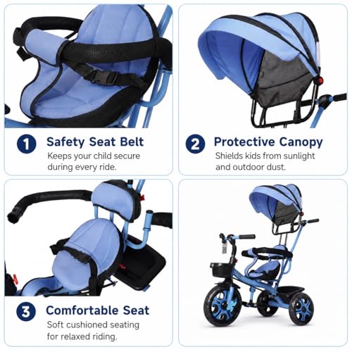 Image of MEA Kids Tricycle with Adjustable Canopy & Parent Push Handle | Safe Baby Trike with Safety Guard Rail, Comfortable Seat & Storage Basket | Play Ride-On Tricycle for Toddlers Boys & Girls - Blue