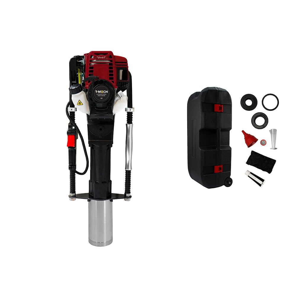 Gas Powered Post Driver 4 Stroke Petrol Fence Post Rammer Pile Driver Jack Hammer for T Posts, Picket Fencing, Farm & Construction with 4 Adapter Attachments, Carry Case & Tool Kit Bundle