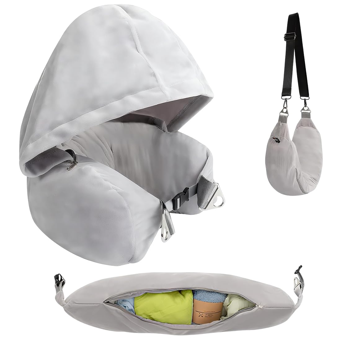 Viaggio Accessori Utili Cuscino Da Viaggio Gonfiabile Con Cappuccio - Supporto Cervicale Per Auto, Aereo E Treno (Grigio) Cuscino Cervicale Travel - Foto 3
