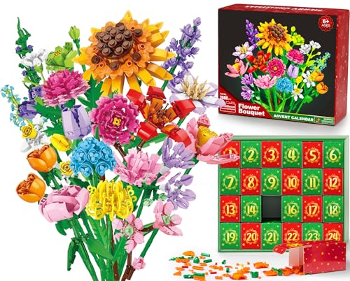 Qinline 9093,9095 Advent Calendar 2024 For Kids Adults Teens, 24 Days Stem Sunflower Bouquet Building Blocks Christmas Countdown Calendar Gifts Box With Artificial Flowers Bricks Toy Set cover