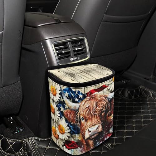 Image of Talayituse Highland Cattle Daisy Print Car Trash Can with Lid, American Flag Wood Leak Proof Auto Trash Bag Hanging Vehicle Garbage Can Multipurpose Storage Container for Back Seat Road Trip