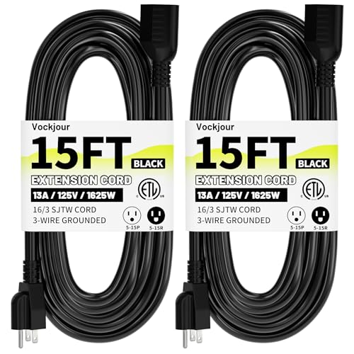 15 Ft 2Pack 13A 1625W 16AWG Black Indoor Outdoor Extension Cord Waterproof, Extension Cord with 3...