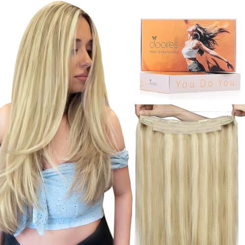 Image of DOORES Wire Hair Extensions 12 Inch 70 g Remy Human Wire Hair Extensions Invisible Transparent Line Adjustable Hairpieces Secret Balayage Light Blonde Highlighted Golden Blonde
