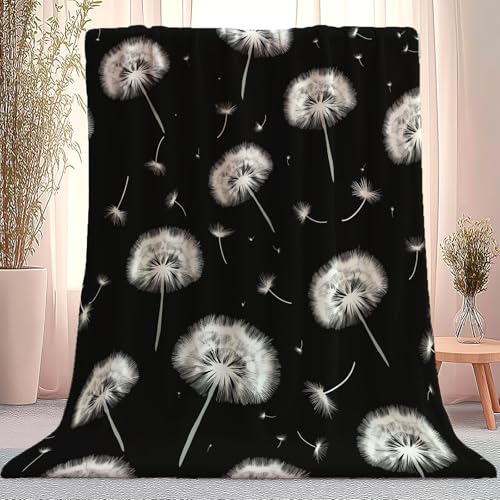 Manta de Lana de Franela 200 x 220 cm, Planta Diente De León Manta cómoda, Ligera, Suave y cálida, para Todas Las Estaciones, para Viajes, Cama o sofá Negro Blanco