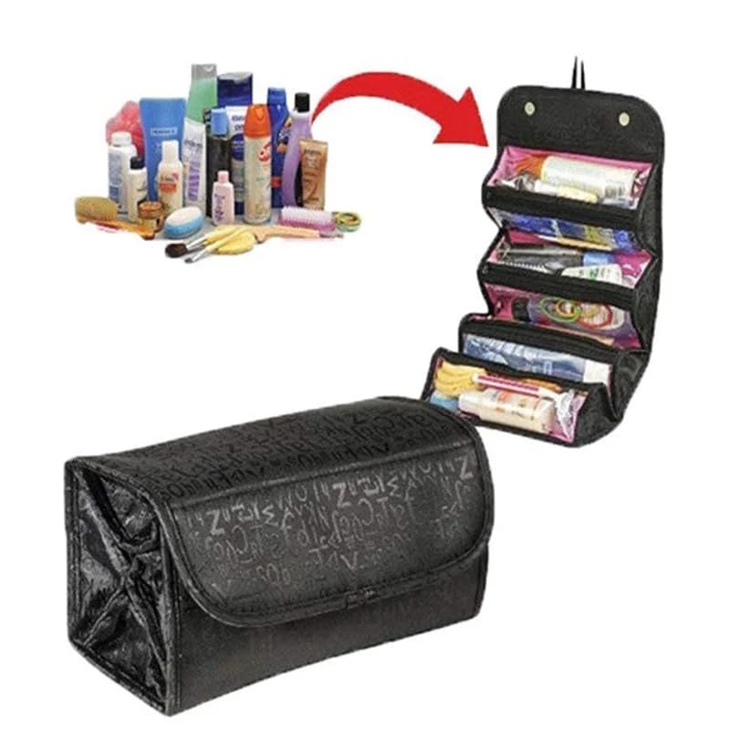 Beauty Case a 4 Strati Arrotolabile, Astuccio per Cosmetici e Trucco di Grande capacità, Borsa da Viaggio Pieghevole con Gancio per appenderlo.