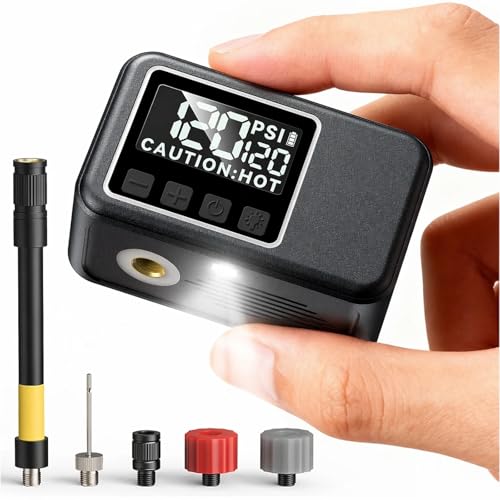 Pompe à Vélo Électrique, Pompe à Vélo Mini avec Manomètre, Pression Maximale de 120 Psi, Arrêt Automatique et Valves Presta et Schrader pour VTT, Vélos...