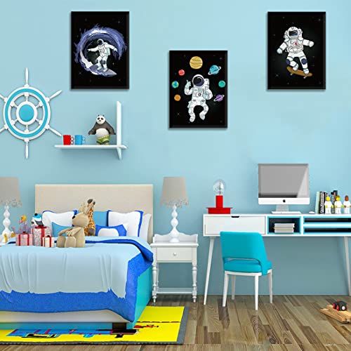 Chditb Framed Outer Space Art Print Cartoon Astronaut Wall Art Set Of 3 Pieces (11.8X15.6Inch), Watercolor Universe Theme Canvas Painting For Kids Room Nursery Decor-Ready To Hang #TOP1