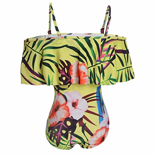 squaregarden One Piece Swimsuit for Women,Tropical Leaves Off Shoulder Flounce Ruffled Monokini Swimwear3