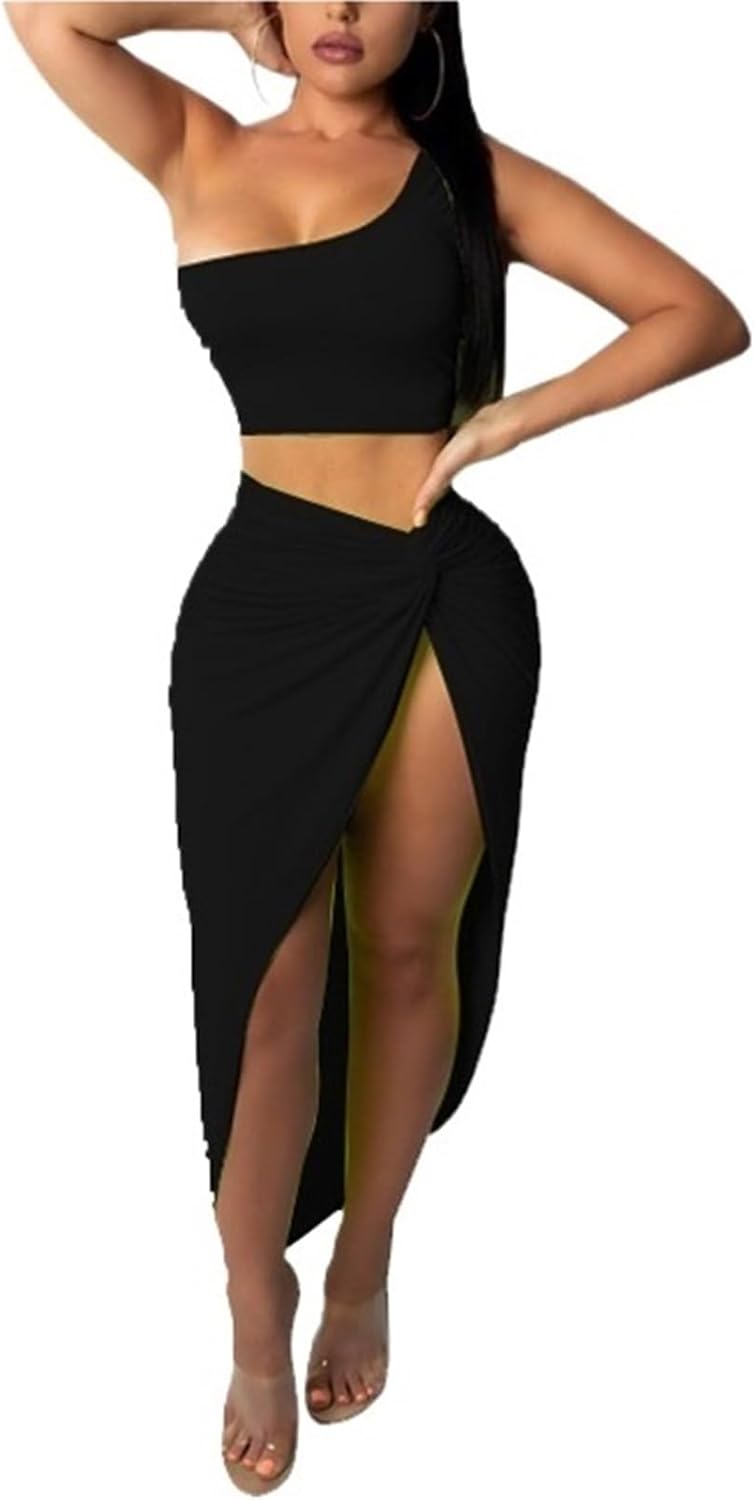 Women 2 Piece Maxi Skirt Sets Summer One Shoulder Crop Top and Twist Split Thigh Skirt Set 2 Piece Outfits Club Dress (Color : Red, Size : M)