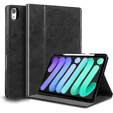 NANRUIL for Ipad Mini 7th Gen A17 Pro Case 2024 and Mini 6th Generation 8.3 inch 2021 Genuine Leather Cover Protective Shell,Built-in Pencil Holder and Auto Wake/Sleep.Black Cover