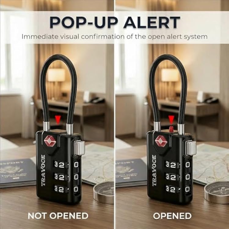 TRAVOCE TSA Approved Luggage Locks - Heavy Duty 3 Digit Combination Cable Lock, Search Alert for Suitcases, Backpacks, Golf Bags, Tents, Violin and Camera Cases (4 Colors)